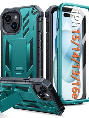 FNTCASE Heavy Duty iPhone Case with Screen Protector & Kickstand - Pine Green
